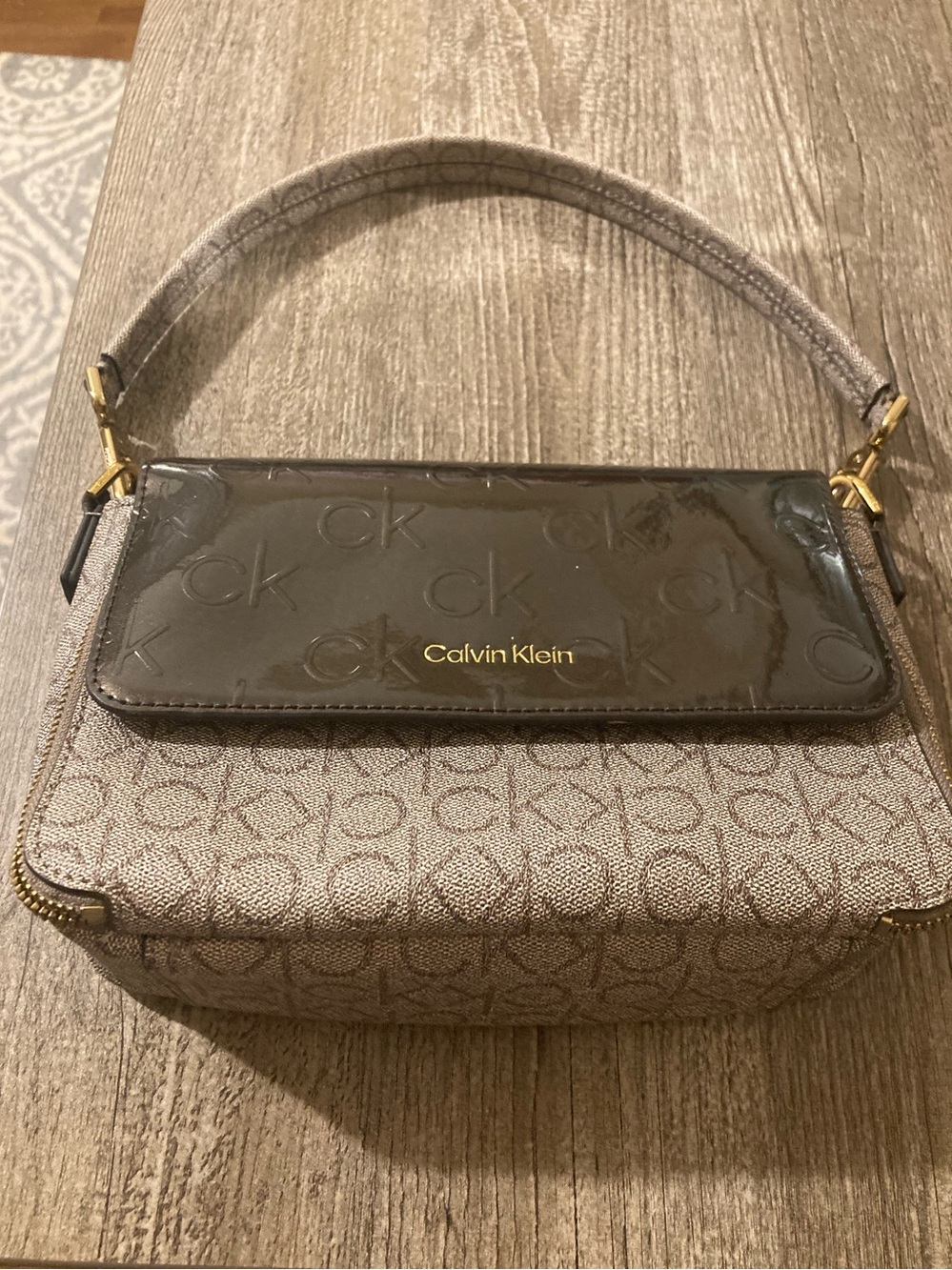 Calvin Klein Taupe Monogram Shoulder Bag with Gloss Flap